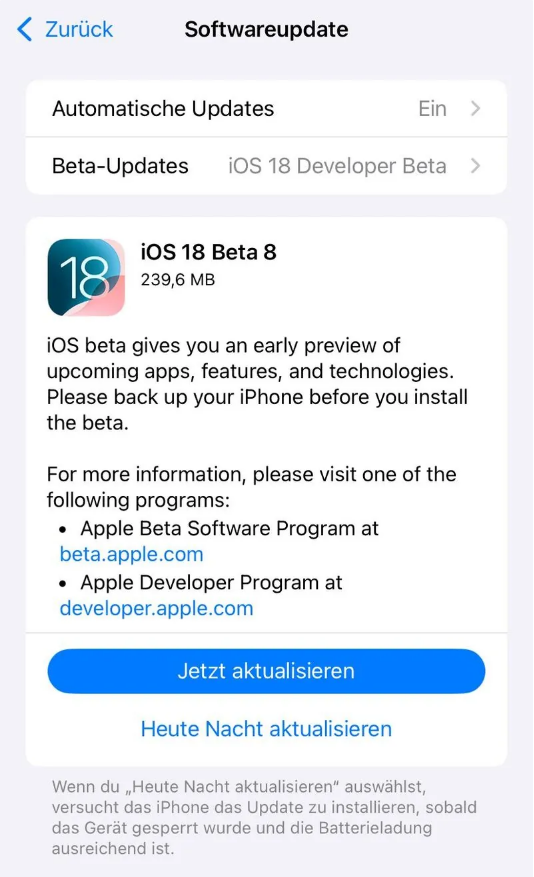 呼图壁苹果手机维修分享苹果 iOS / iPadOS 18 开发者预览版 Beta 8 发布 